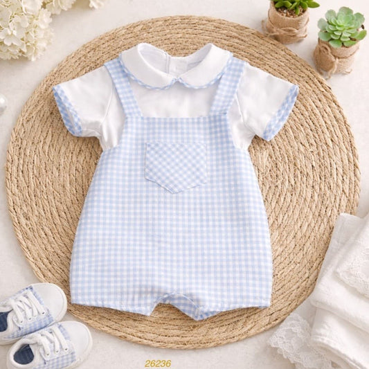 Conjunto peto bebé azul vichy con blusa blanca · Algodón · Creaciones Baby Ferr 622026236 Fabricado en España (3–18 meses)