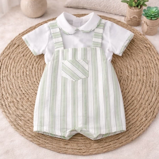 Conjunto peto bebé rayas verde con blusa blanca · Algodón · Creaciones Baby Ferr 622026238 Fabricado en España (3–18 meses)