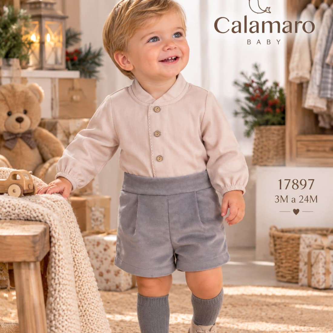 Conjunto de vestir para bebé niño con camisa mao tostada y bermuda gris Calamaro 321117897 (Modelo 17897) - Diseño y confección española