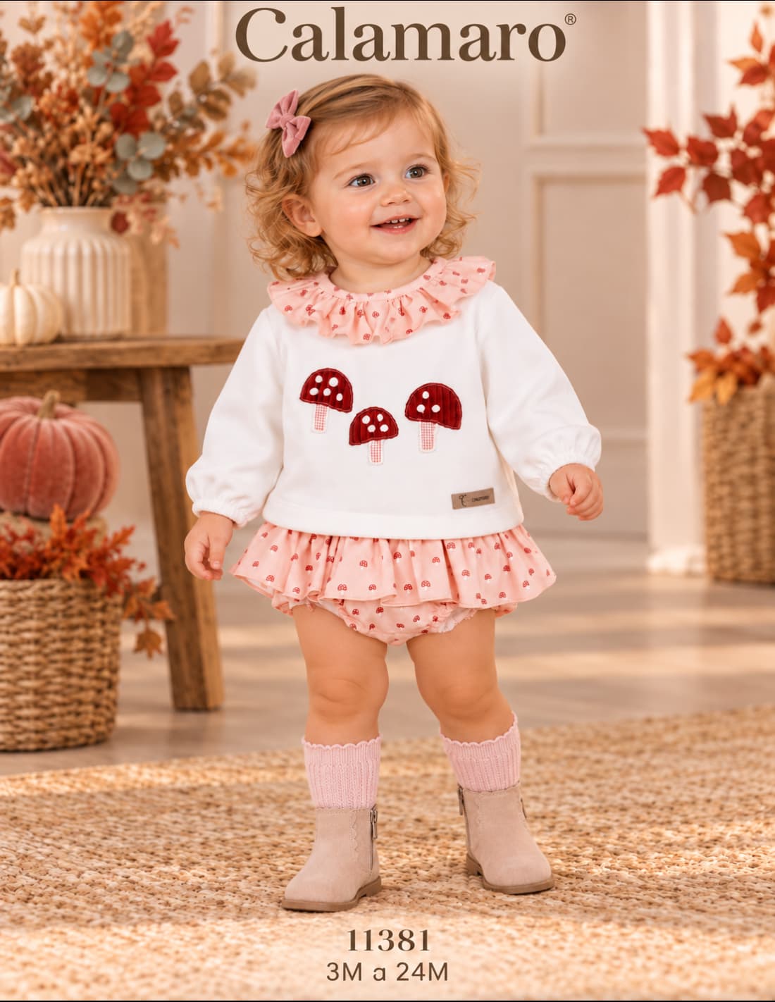 Conjunto para bebé niña de sudadera crudo con setas y pololo con volante Calamaro Caldas 621111381 (Modelo 11381)