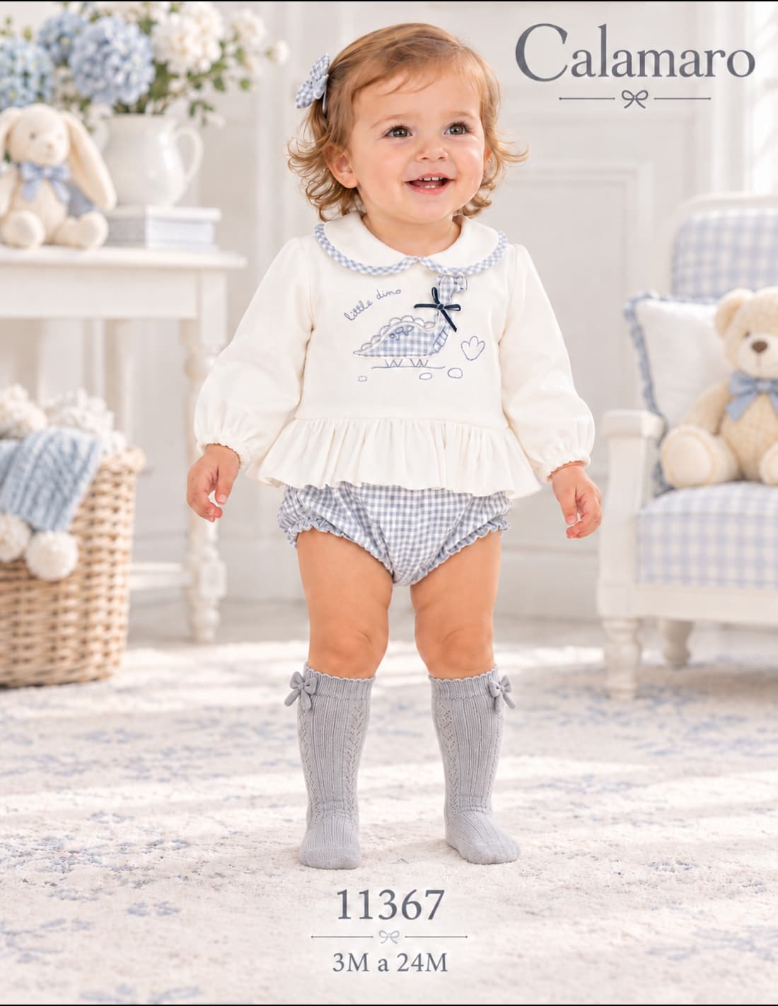 Conjunto para bebé niña con sudadera crudo con volante, dinosaurio y pololo de cuadros Calamaro Foz 621111367 (Modelo 11367)