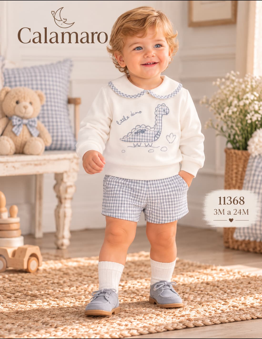 Conjunto para bebé niño con sudadera crudo bordado dinosaurio y pololo vichy Calamaro Foz 621111368 (Modelo 11368)