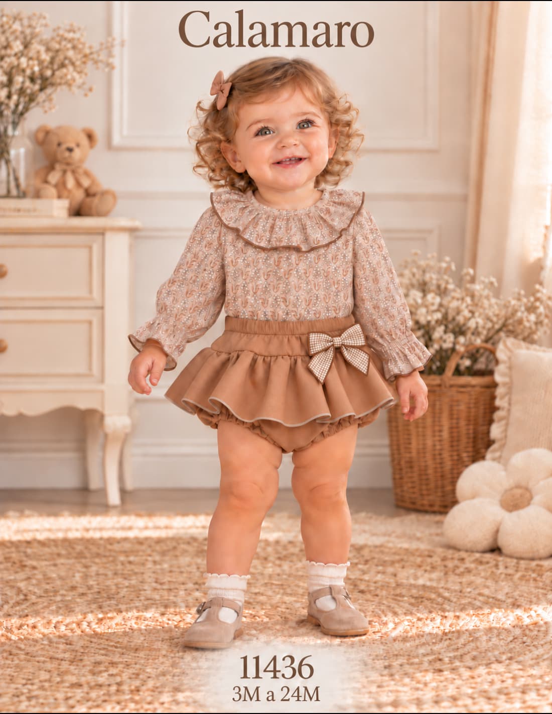 Conjunto para bebé niña con blusa floral de volante y pololo con lazo Calamaro Meis 621111436 (Modelo 11436)