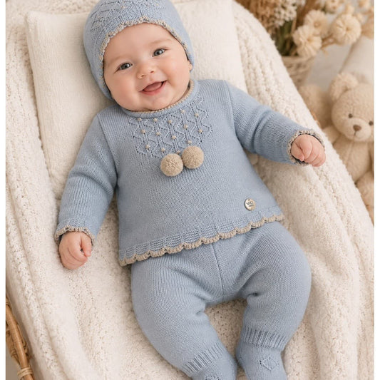 Conjunto primera puesta para recién nacido de lana con gorrito y polaina Visi 621170700 borlas