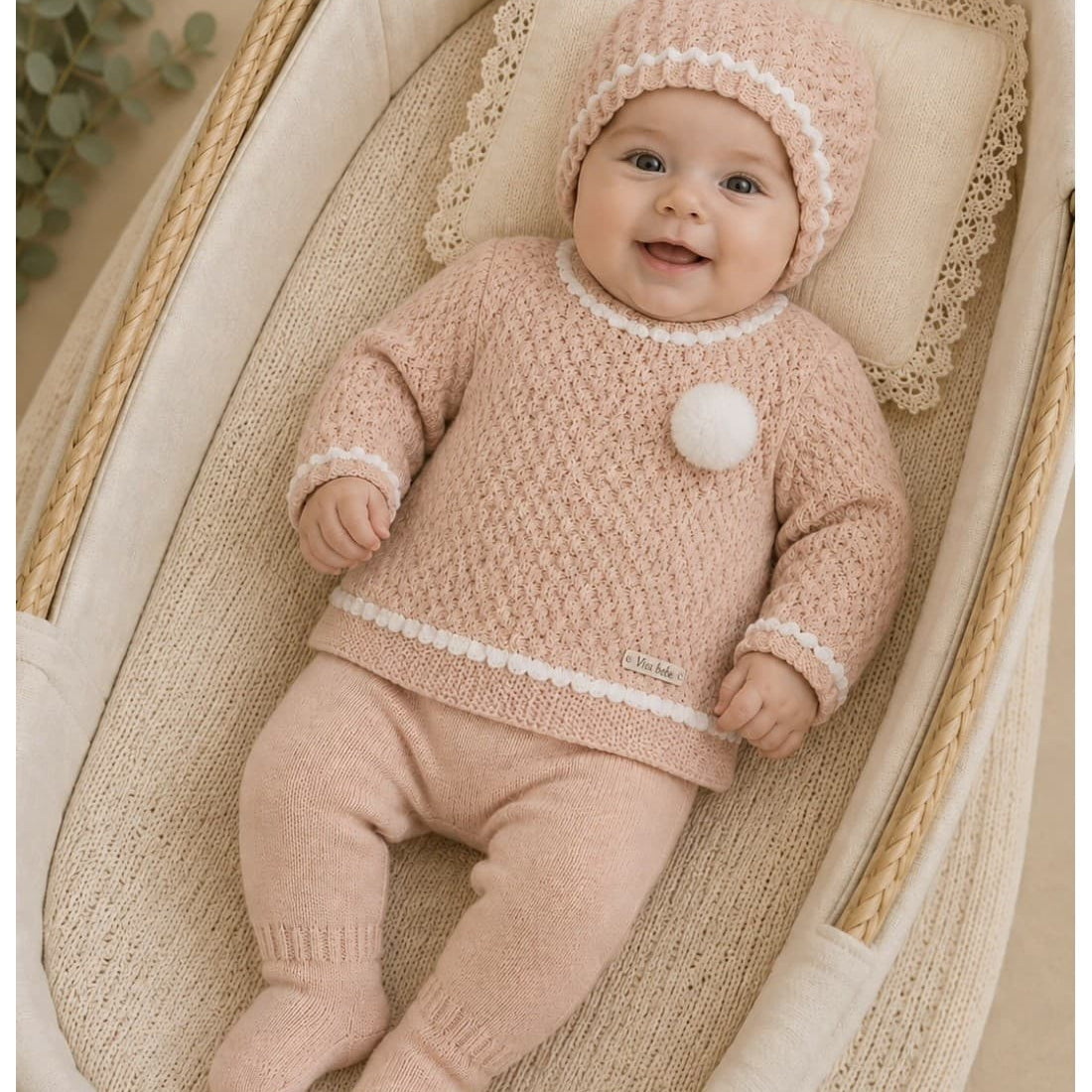 Conjunto de lã Glory Baby – Azul Claro com Pompons 27109 (0 a 6 meses) 