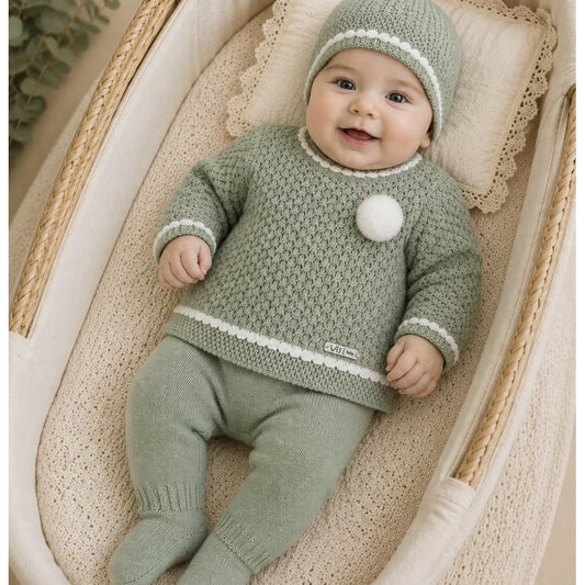 Primera puesta verde para bebé en lana con gorrito Visi Conjunto 3 piezas 621170800