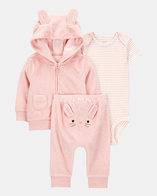 Conjunto tres piezas algodón chaqueta y pantalón terry más body diseño conejita