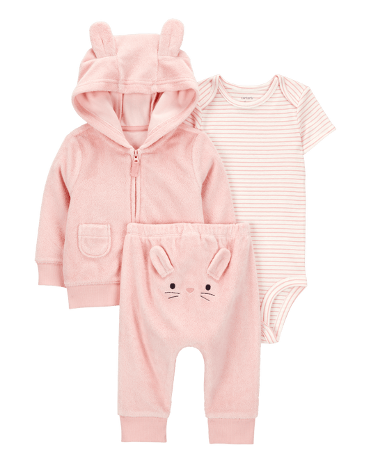 Conjunto tres piezas algodón chaqueta y pantalón terry más body diseño conejita