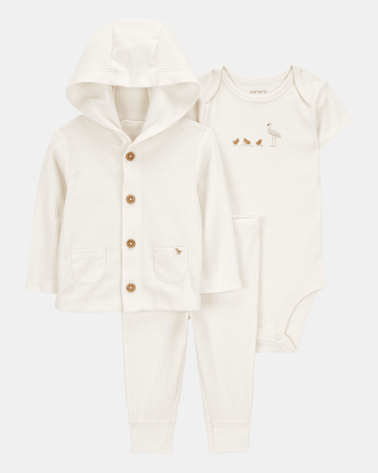 Conjunto tres piezas algodón pantalón chaqueta y body diseño patitos
