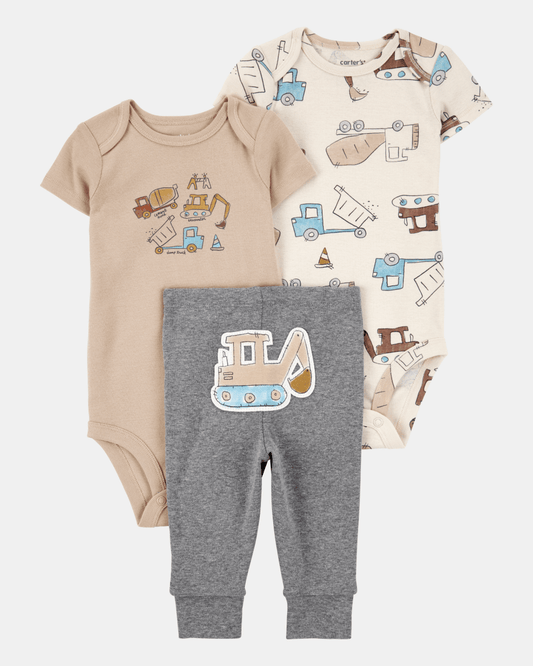 Conjunto tres piezas algodón pantalón y dos bodies diseño constructor