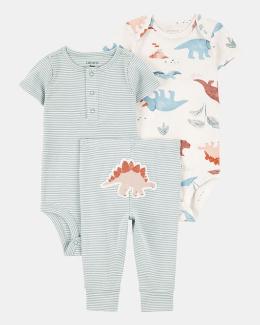 Conjunto tres piezas algodón pantalón y dos bodies diseño dinos
