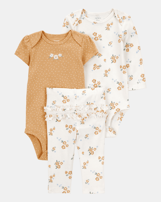 Conjunto tres piezas algodón pantalón y dos bodys diseño floral