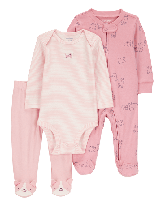Conjunto tres piezas algodón pijama con pantalón y body diseño perro