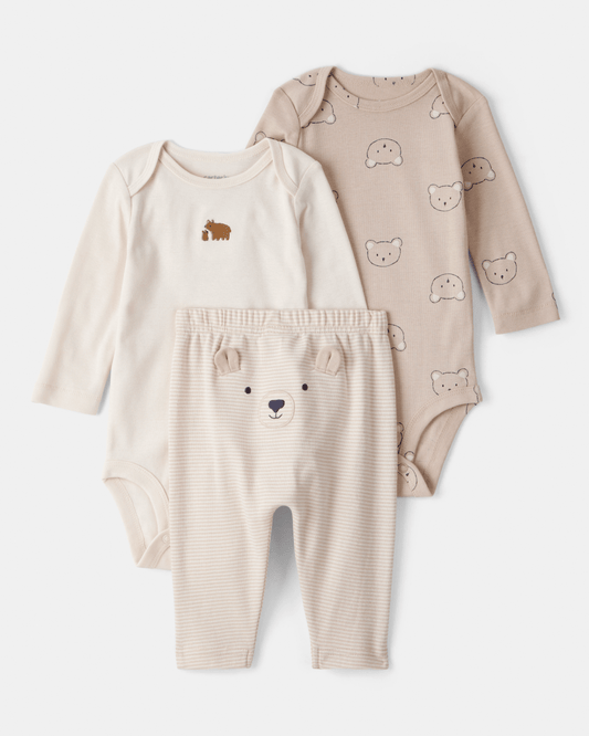 Conjunto tres piezas bodies manga larga y pantalón con oso marrón y blanco
