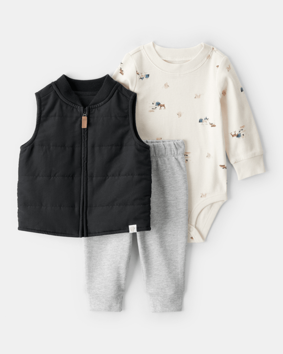 Conjunto tres piezas chaleco acolchado, body y pantalón gris y negro
