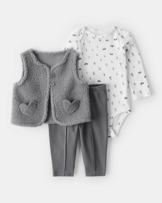 Conjunto tres piezas chaleco de borreguito, body y leggings gris