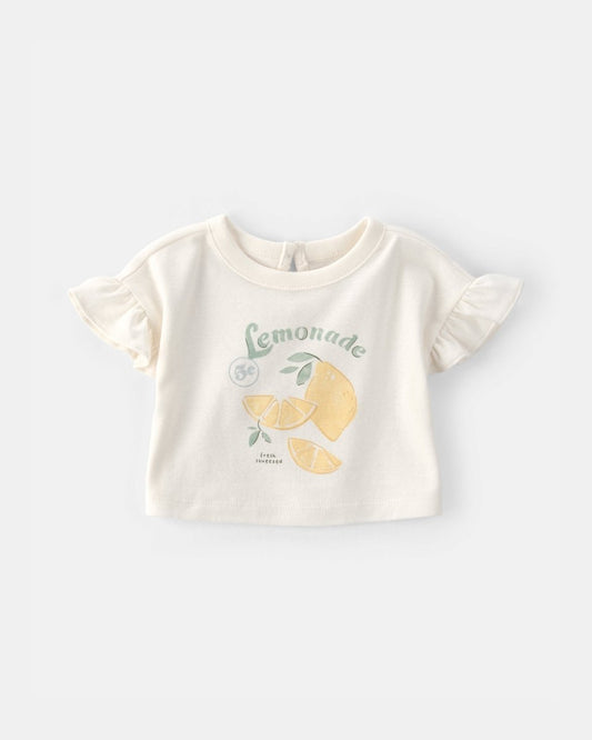 Conjunto tres piezas de algodón con blusa, cárdigan y pantalón corto con diseño limones