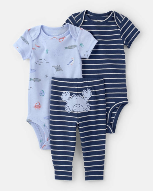 Conjunto tres piezas de algodón con dos bodies y pantalón, diseño animales marinos