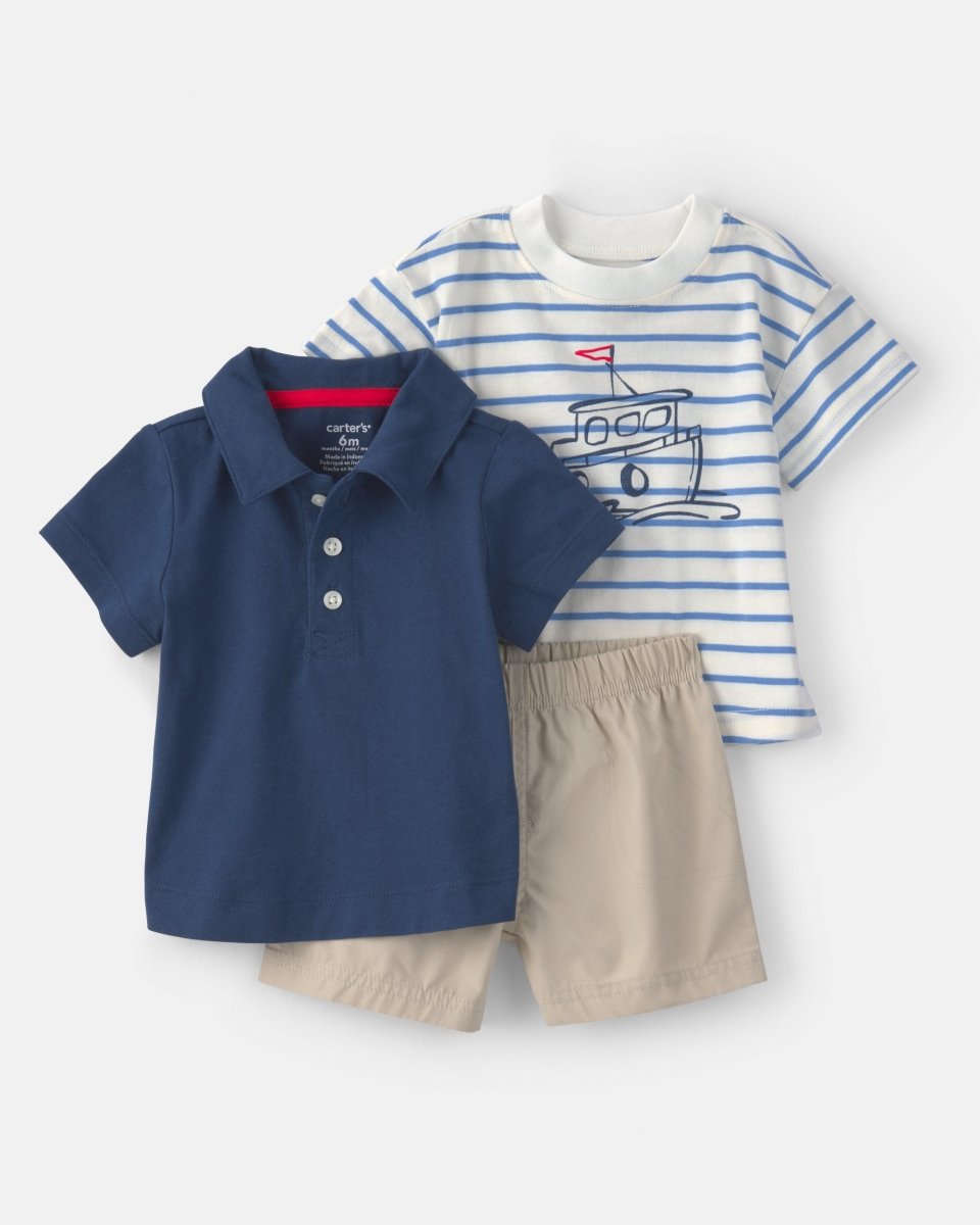 Conjunto tres piezas de algodón con polo, camiseta y pantalón corto con diseño náutico