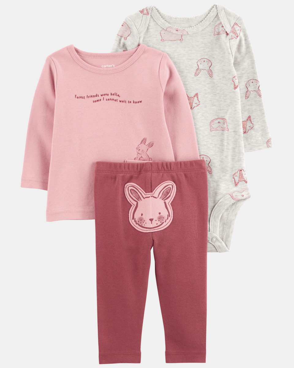 Conjunto tres piezas de algodón, pantalón, camiseta y body, diseño conejos