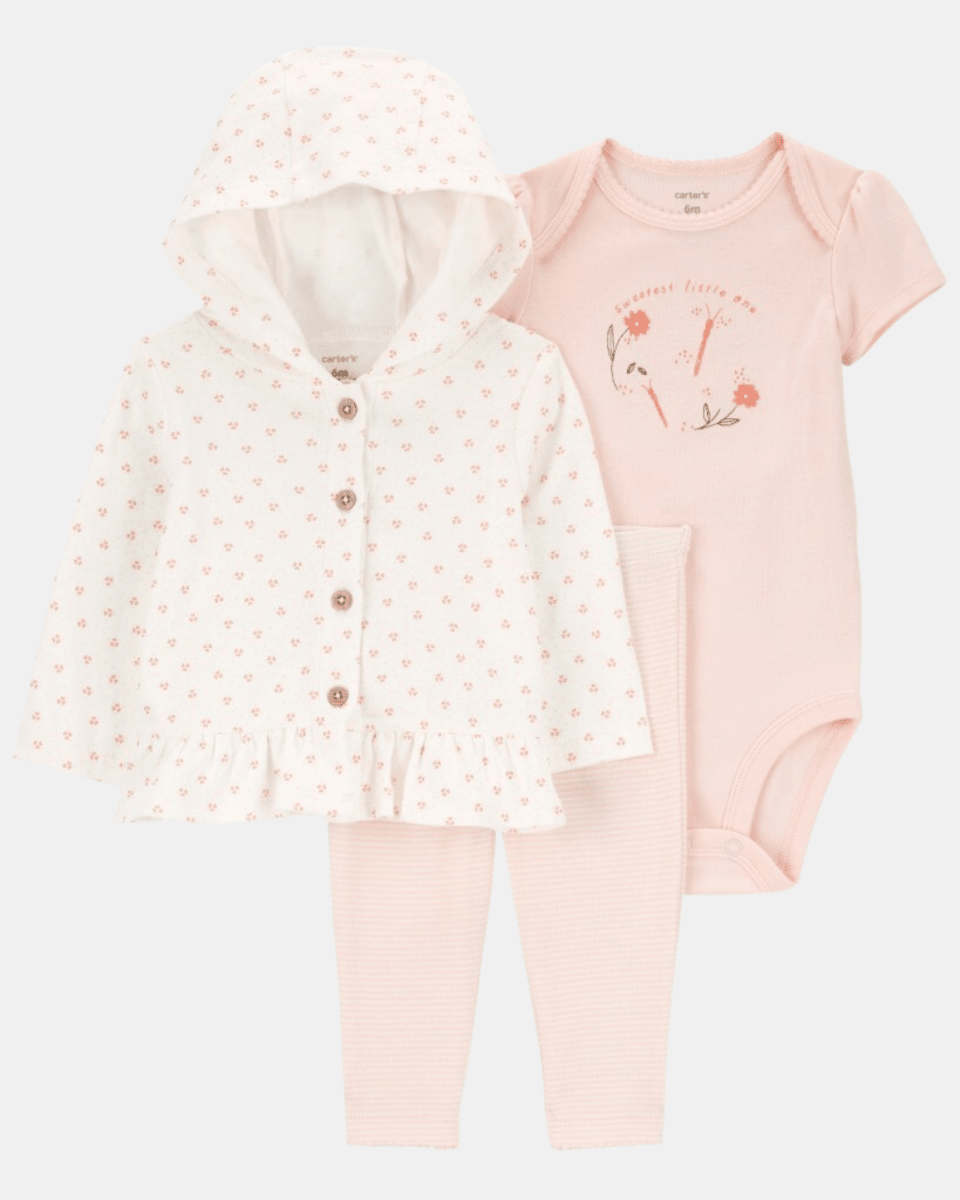 Conjunto tres piezas de algodón, pantalón, cárdigan con capucha y body