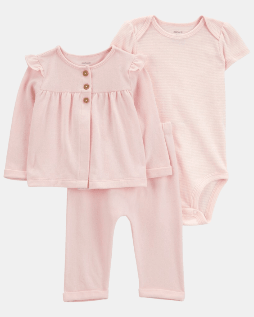 Conjunto tres piezas de algodón, pantalón, cárdigan y body, color rosa