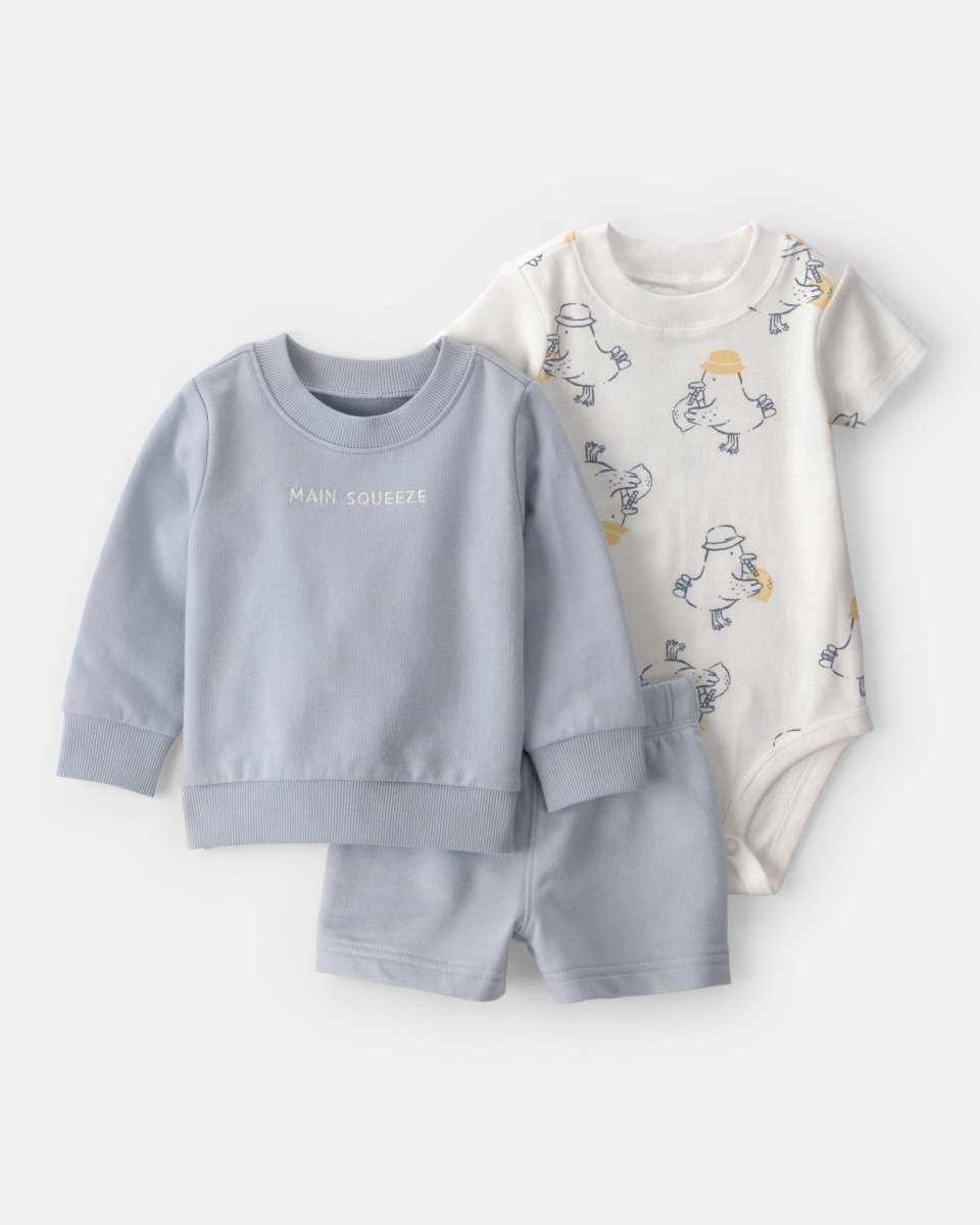 Conjunto tres piezas de algodón sudadera, body y pantalón corto con diseño limones