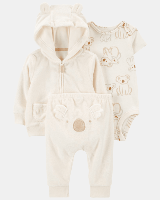 Conjunto tres piezas de chaqueta, pantalón y body corto, diseño koala