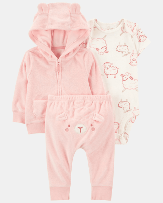 Conjunto tres piezas de chaqueta, pantalón y body corto, diseño oveja