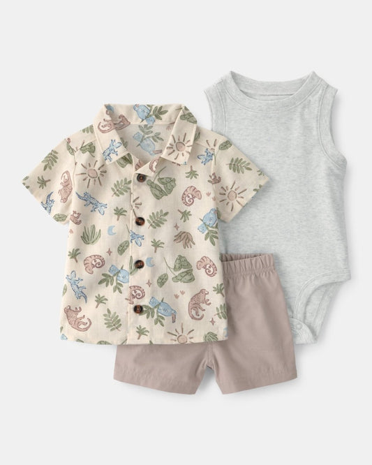 Conjunto tres piezas de lino y algodón camisa, body y pantalón corto con diseño desierto