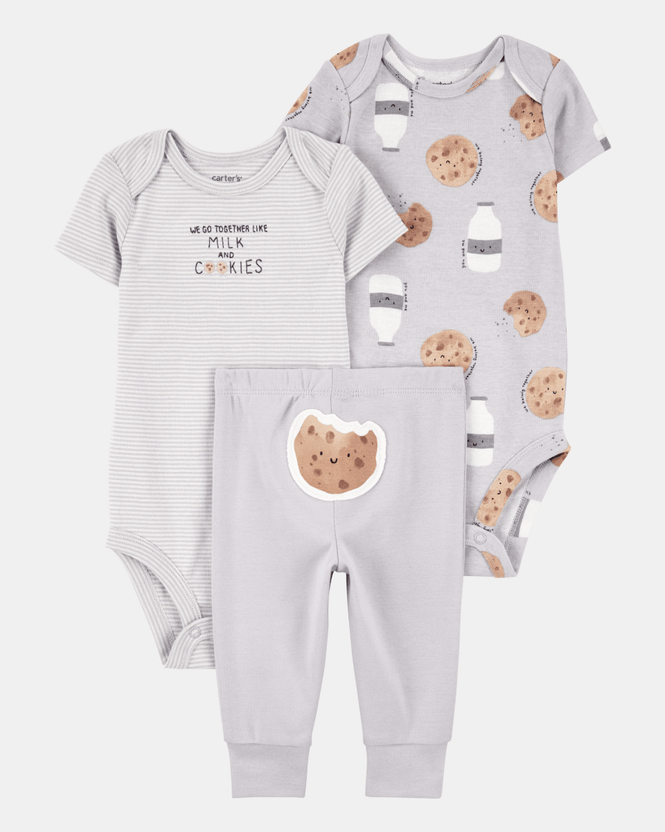Conjunto tres piezas pantalón y dos bodies diseño galletitas
