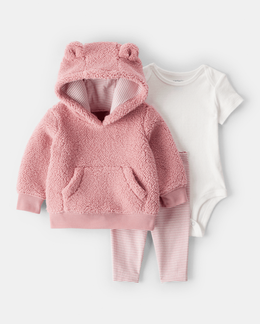 Conjunto tres piezas sudadera de borreguito con oso, body y leggings rosa