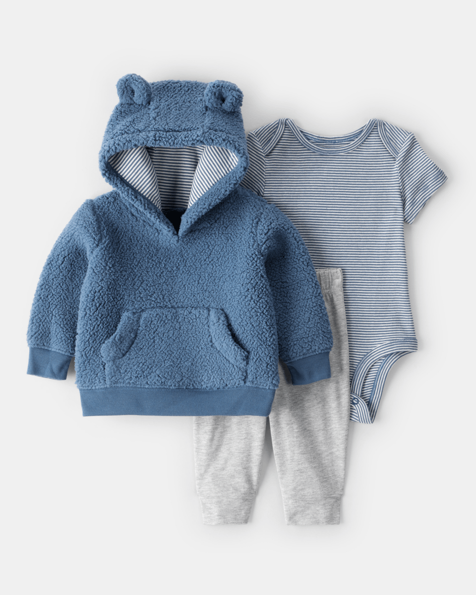 Conjunto tres piezas sudadera de borreguito con oso, body y pantalón azul