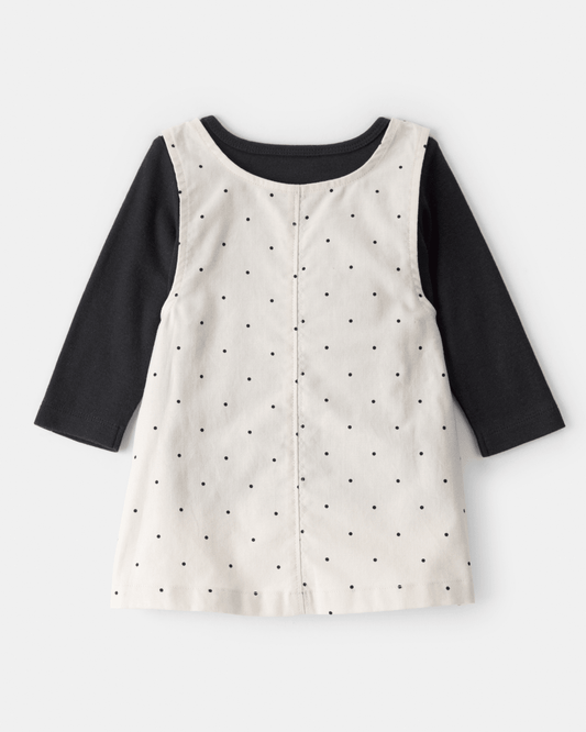 Conjunto tres piezas vestido con corazones, camiseta y leotardos marfil