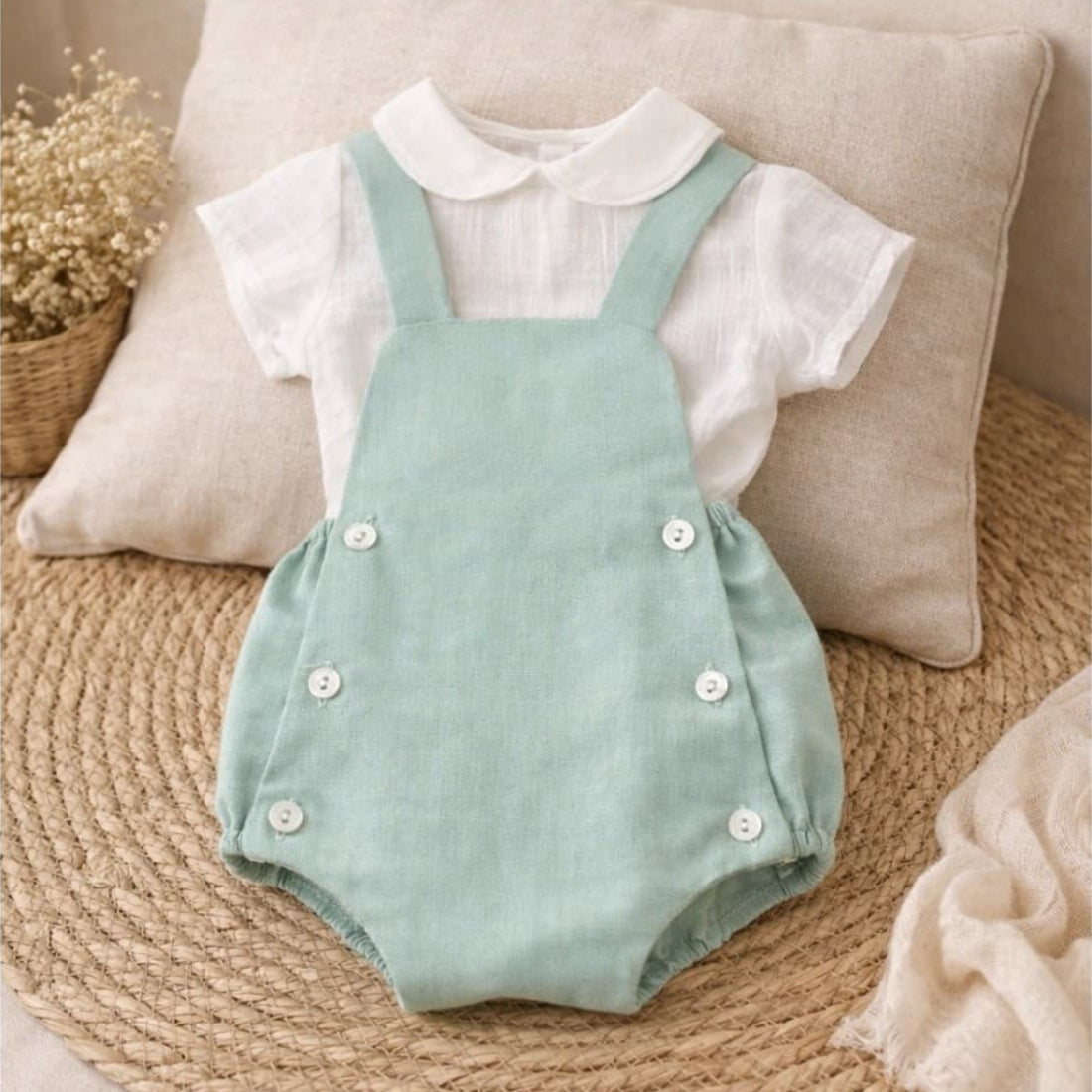 Conjunto peto y blusa bebé verde agua · Algodón · Creaciones Baby Ferr 622026239 Hecho en España (3 a 18 meses)