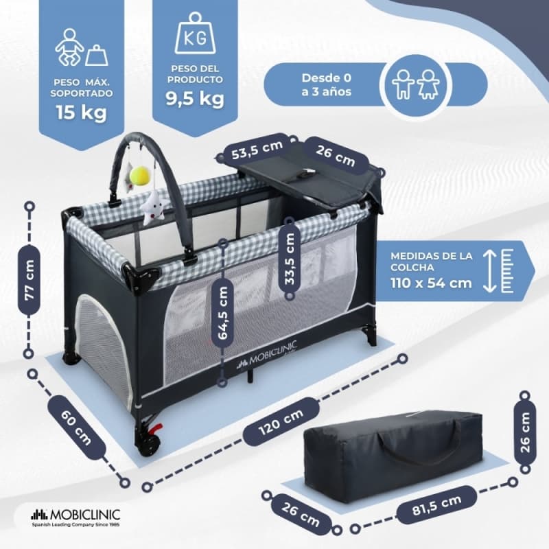 Cuna de viaje 3 en 1 Caelum Gris Mobiclinic Cambiador Parque de juegos Portátil  PlegableBolsa de transporte