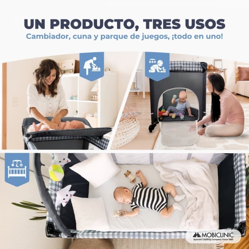 Cuna de viaje 3 en 1 Caelum Gris Mobiclinic Cambiador Parque de juegos Portátil  PlegableBolsa de transporte