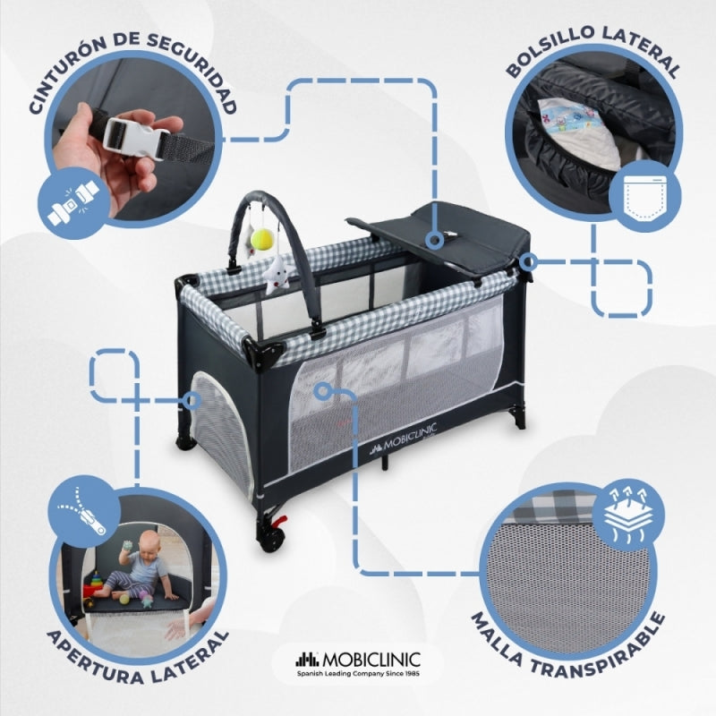 Cuna de viaje 3 en 1 Caelum Gris Mobiclinic Cambiador Parque de juegos Portátil  PlegableBolsa de transporte