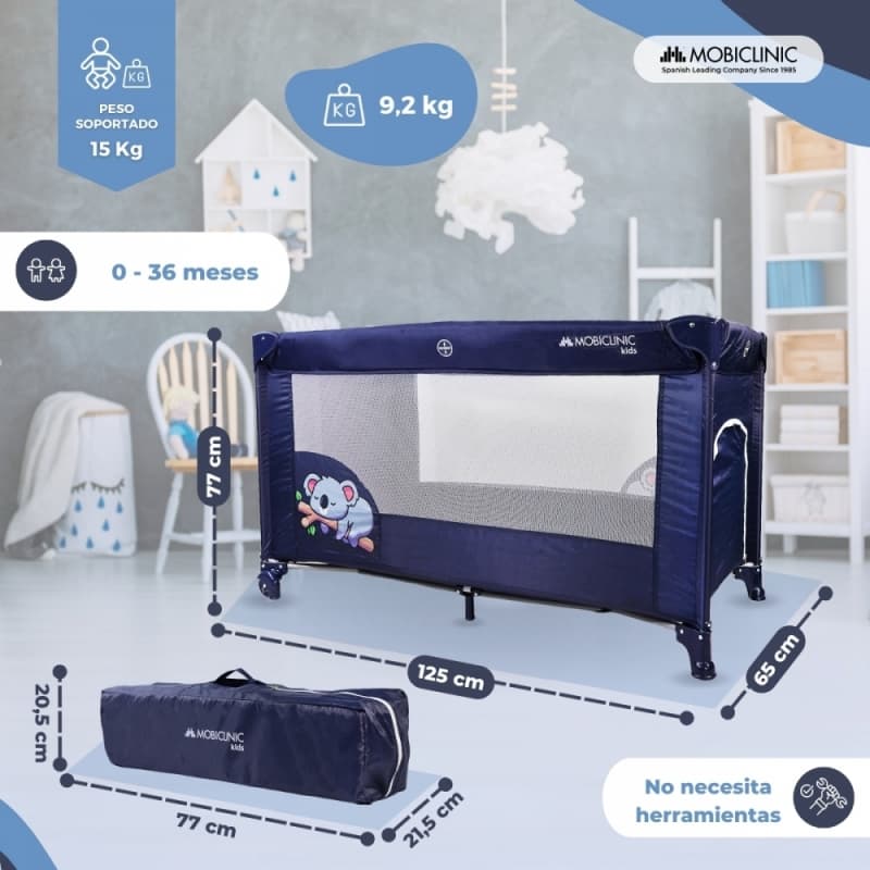 Cuna de viaje Mofli azul Plegable, portátil y segura  Con bolsa de transporte Mobiclinic