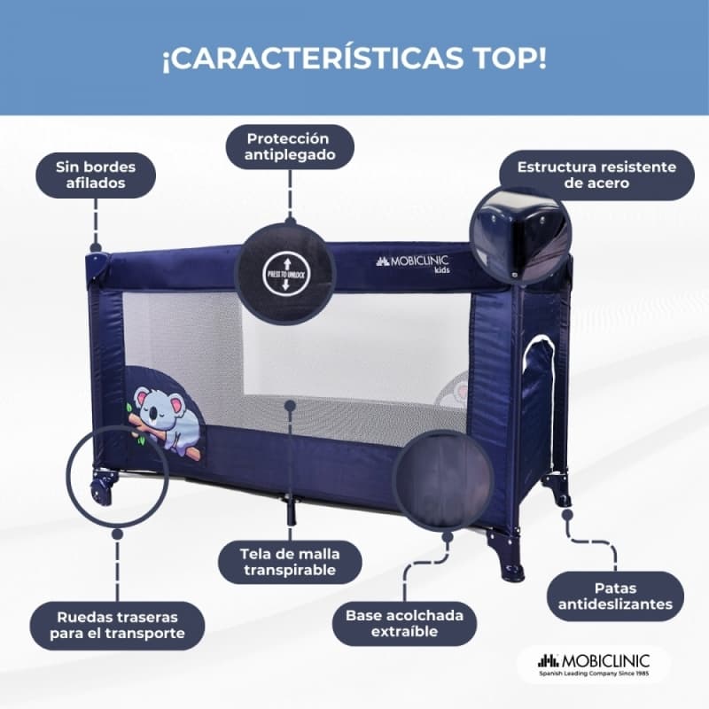 Cuna de viaje Mofli azul Plegable, portátil y segura  Con bolsa de transporte Mobiclinic