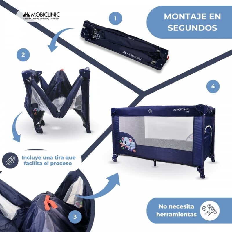 Cuna de viaje Mofli azul Plegable, portátil y segura  Con bolsa de transporte Mobiclinic