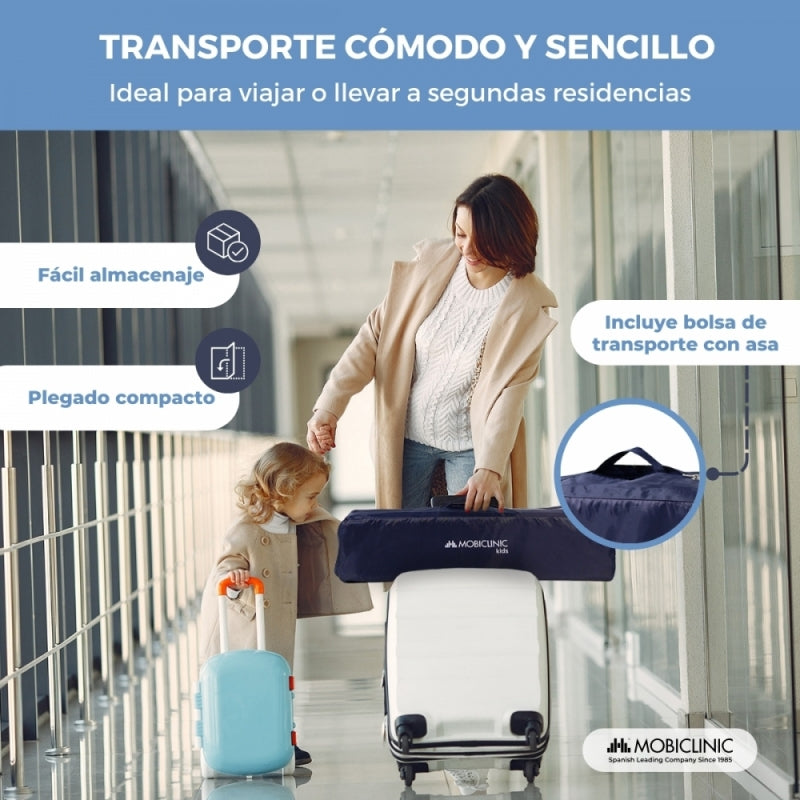 Cuna de viaje Mofli azul Plegable, portátil y segura  Con bolsa de transporte Mobiclinic
