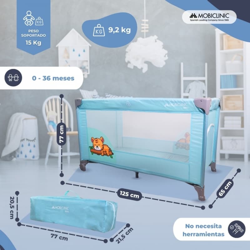 Cuna de viaje Mofli azul Plegable, portátil y segura  Con bolsa de transporte Mobiclinic