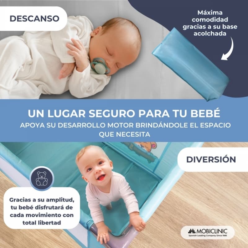 Cuna de viaje Mofli azul Plegable, portátil y segura  Con bolsa de transporte Mobiclinic