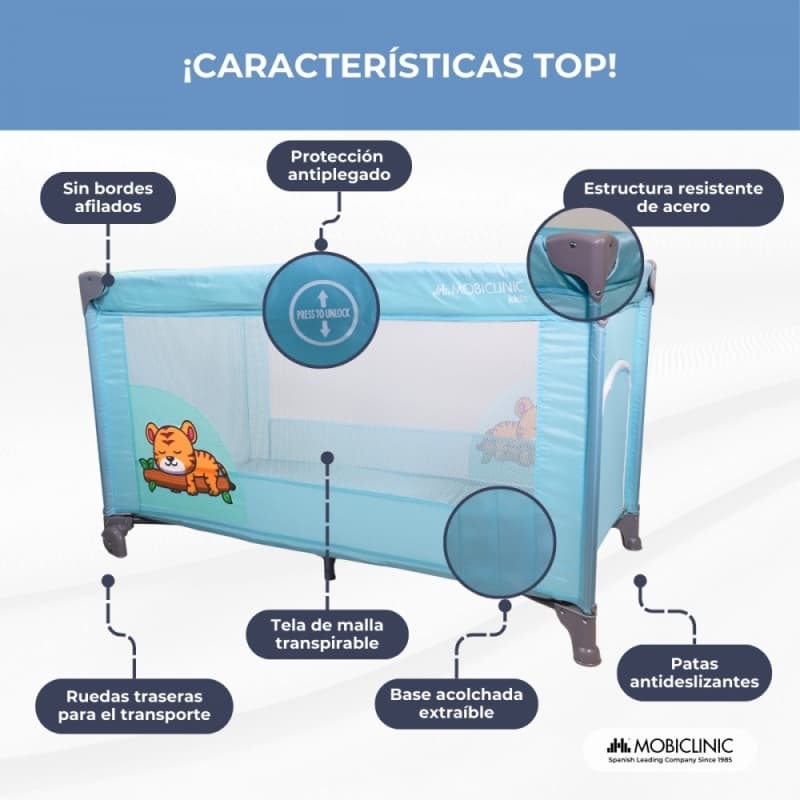 Cuna de viaje Mofli azul Plegable, portátil y segura  Con bolsa de transporte Mobiclinic