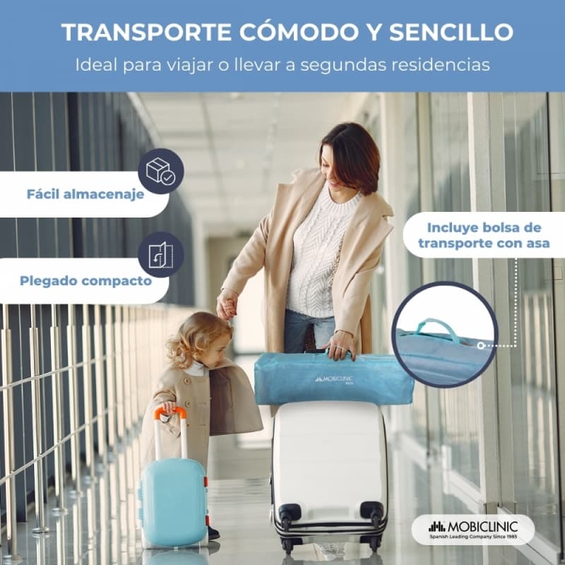 Cuna de viaje Mofli azul Plegable, portátil y segura  Con bolsa de transporte Mobiclinic