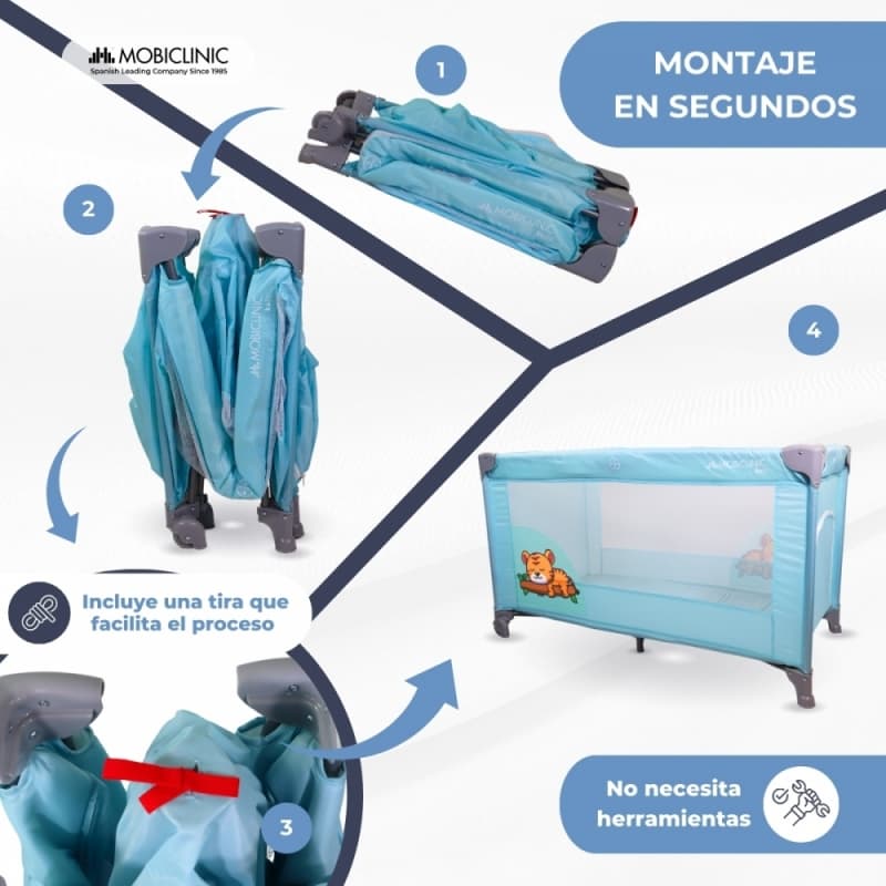 Cuna de viaje Mofli azul Plegable, portátil y segura  Con bolsa de transporte Mobiclinic