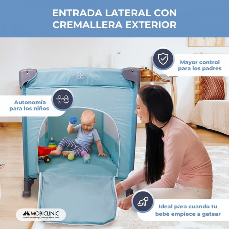 Cuna de viaje Mofli azul Plegable, portátil y segura  Con bolsa de transporte Mobiclinic
