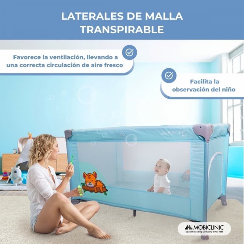Cuna de viaje Mofli azul Plegable, portátil y segura  Con bolsa de transporte Mobiclinic