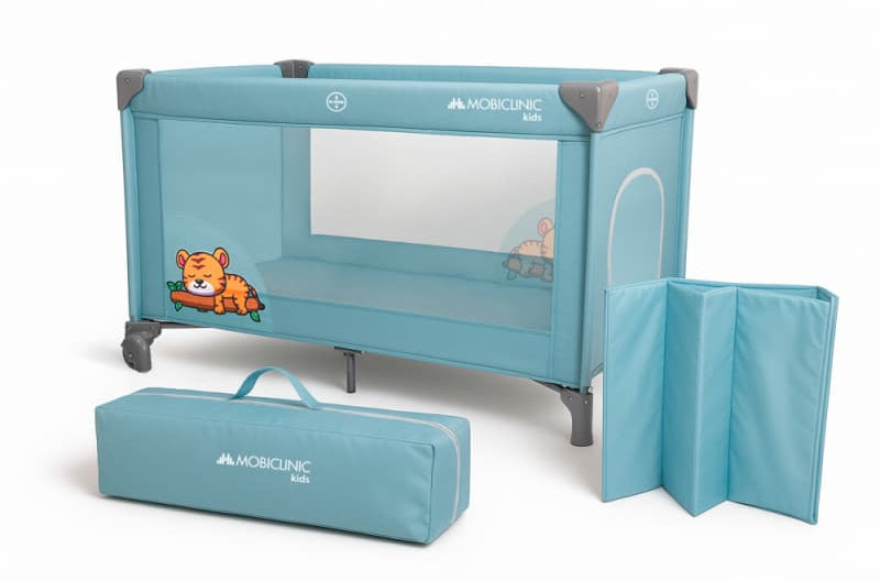 Cuna de viaje Mofli azul Plegable, portátil y segura  Con bolsa de transporte Mobiclinic
